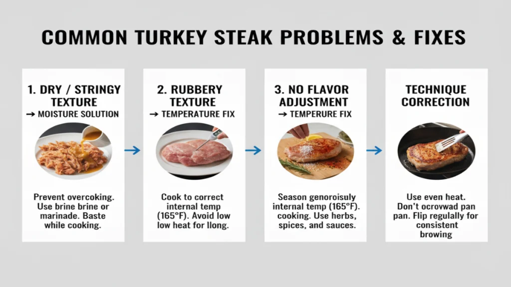 Four-panel grid showing common problems and solutions 1) Drystringy texture → moisture solution, 2) Rubbery texture → temperature fix, 3) No flavor → seasoning adjustment, 4) Uneven cooking → technique correction