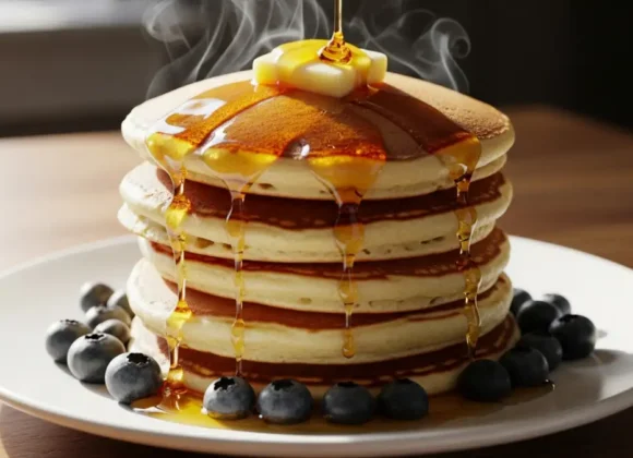 Perfect Fluffy Pancakes in 15 Minutes Stack of 4-5 golden fluffy pancakes
