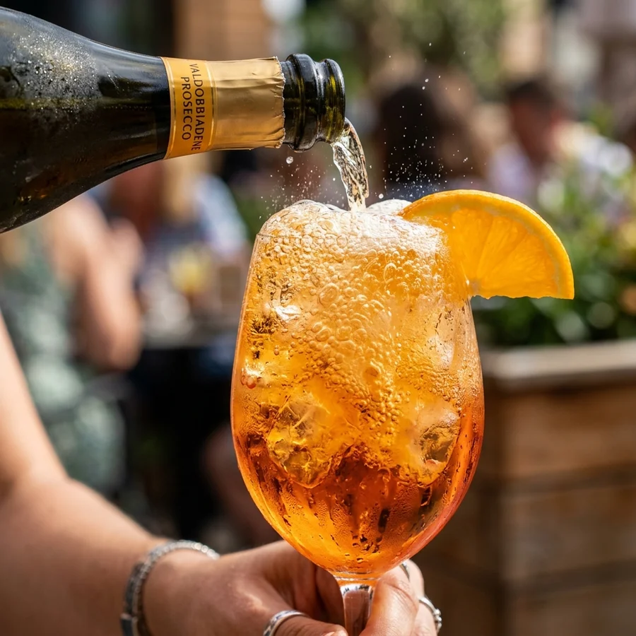 Prosecco being poured into Aperol Spritz