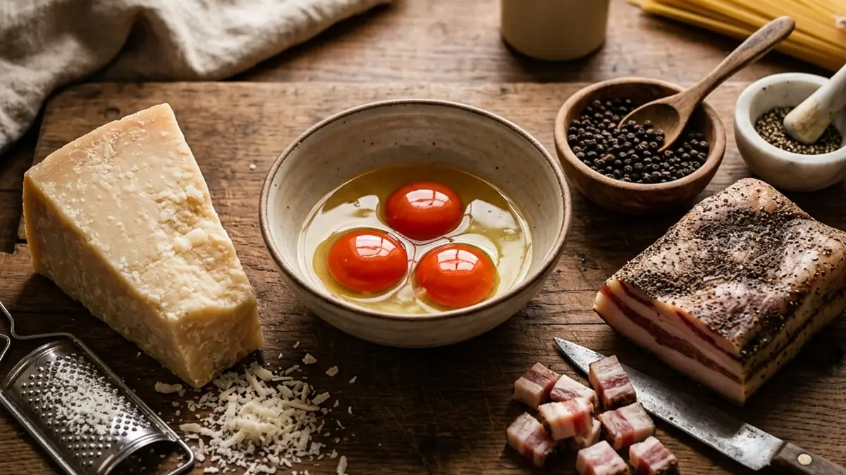 Rustic flat lay of authentic carbonara ingredients including Pecorino Romano, guanciale, and fresh eggs