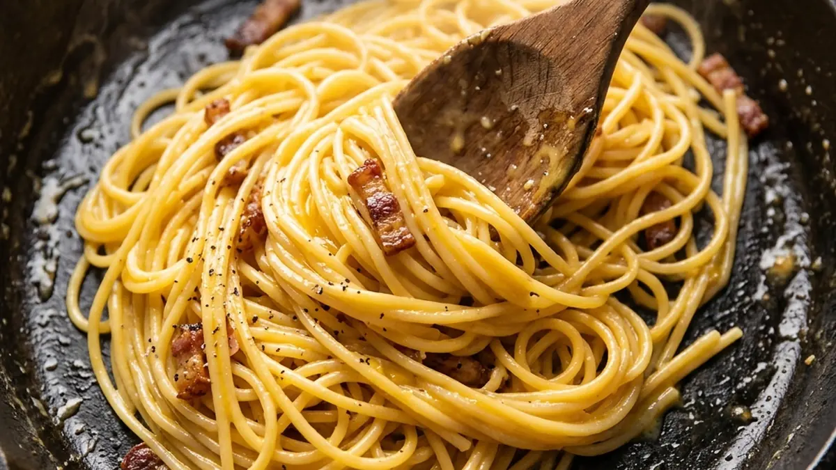Vigorously tossing hot spaghetti with golden egg emulsion to create a glossy carbonara sauce