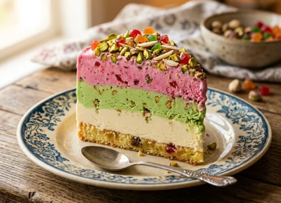 A stunning slice of colorful layered Indian cassata ice cream with strawberry, pistachio, and vanilla layers on a sponge cake base, topped with tutti frutti