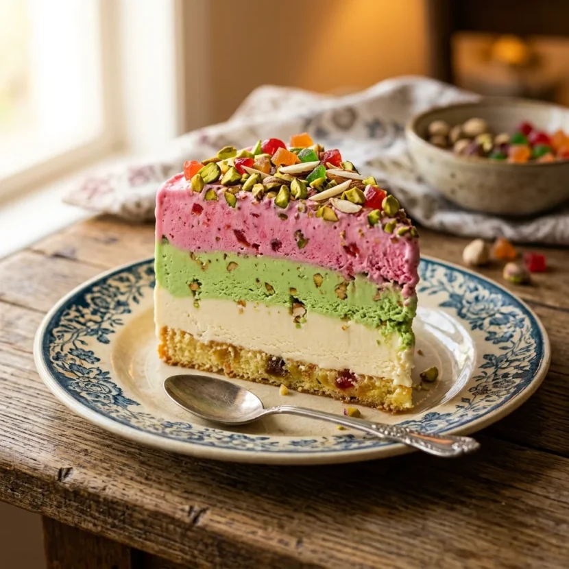 Easy Nostalgic Cassata Ice Cream Recipe A stunning slice of colorful layered Indian cassata ice cream with strawberry, pistachio, and vanilla layers on a sponge cake base, topped with tutti frutti