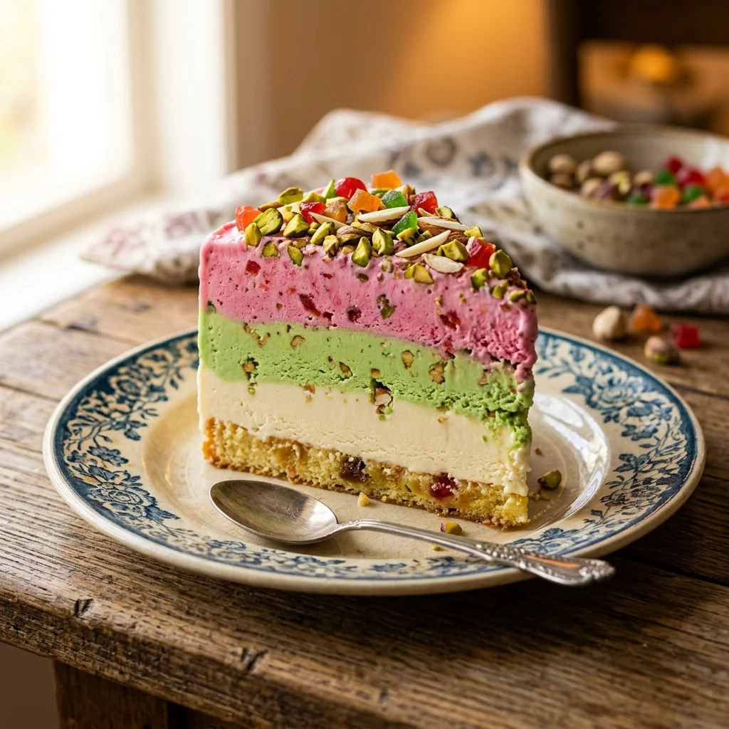 A stunning slice of colorful layered Indian cassata ice cream with strawberry, pistachio, and vanilla layers on a sponge cake base, topped with tutti frutti