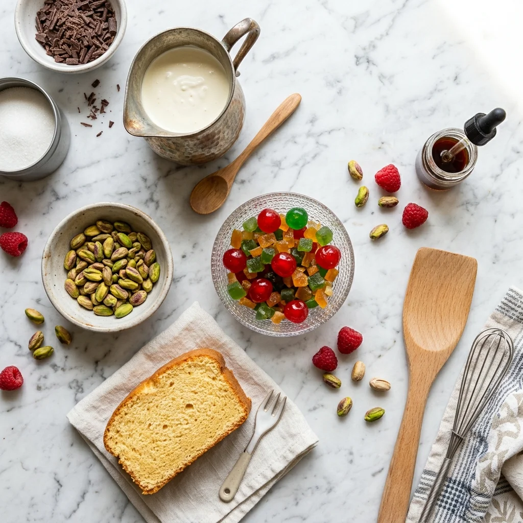 Ingredients for cassata ice cream scattered on marble: bright candied tutti frutti, green pistachios, sponge cake, and heavy cream