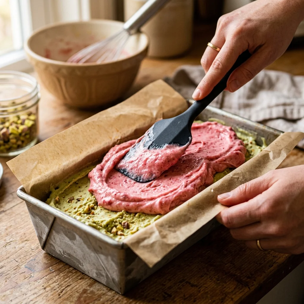 Hands using a rubber spatula to spread a bright pink strawberry layer of ice cream over a green pistachio layer in a parchment-lined loaf pan
