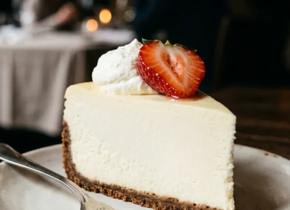 A towering, perfect slice of New York cheesecake with a graham cracker crust and whipped cream