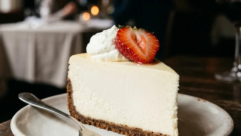 A towering, perfect slice of New York cheesecake with a graham cracker crust and whipped cream