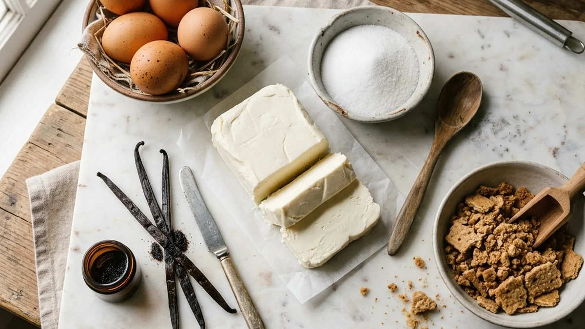 Baking ingredients for classic cheesecake including cream cheese, sugar, eggs, and vanilla