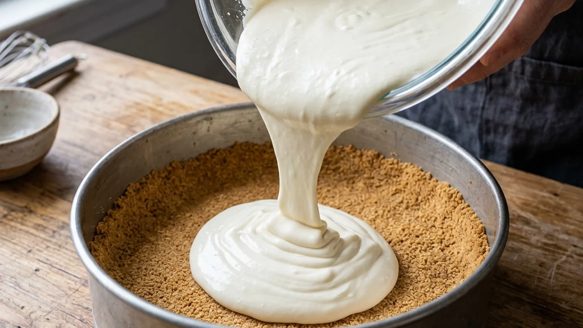 Pouring smooth cream cheese batter over a graham cracker crust to bake a cheesecake
