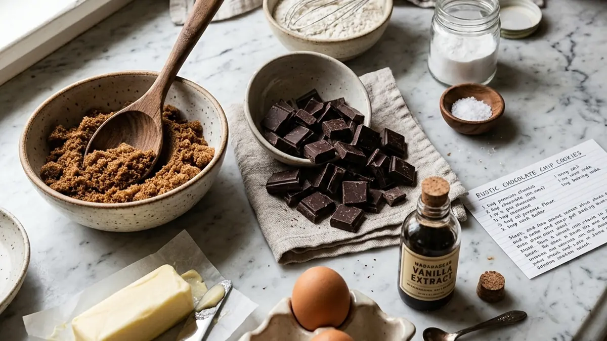 Baking ingredients for this chocolate chip cookie recipe including dark chocolate chunks and brown sugar