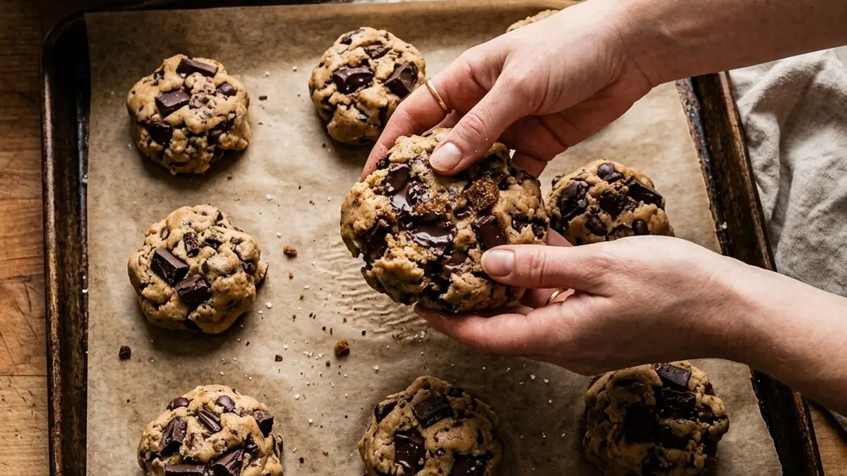 Placing rustic dough balls packed with chocolate onto a baking sheet for this chocolate chip cookie recipe