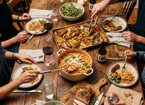 A messy, beautiful family dinner table viewed from above featuring a sheet pan of sausage, a pot of pasta, and sliced turkey steak