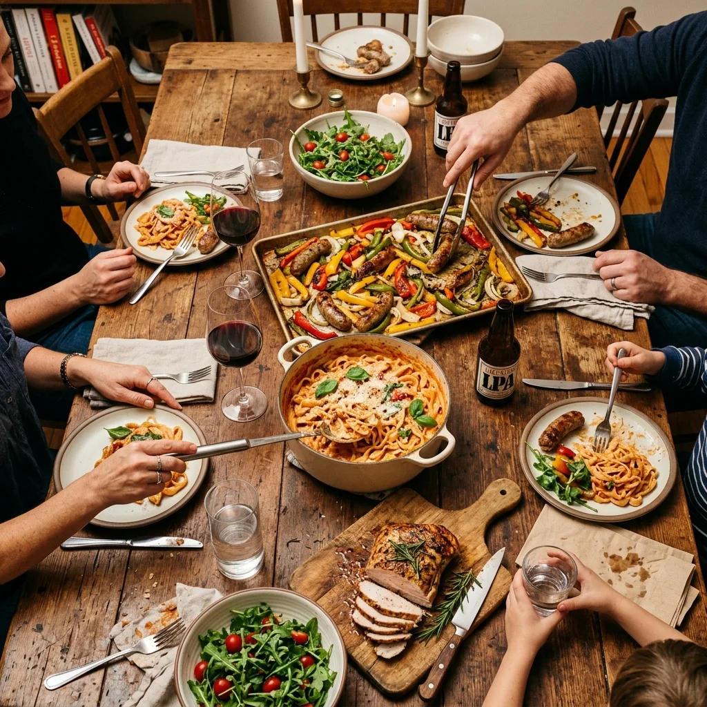 A messy, beautiful family dinner table viewed from above featuring a sheet pan of sausage, a pot of pasta, and sliced turkey steak with hands reaching for food