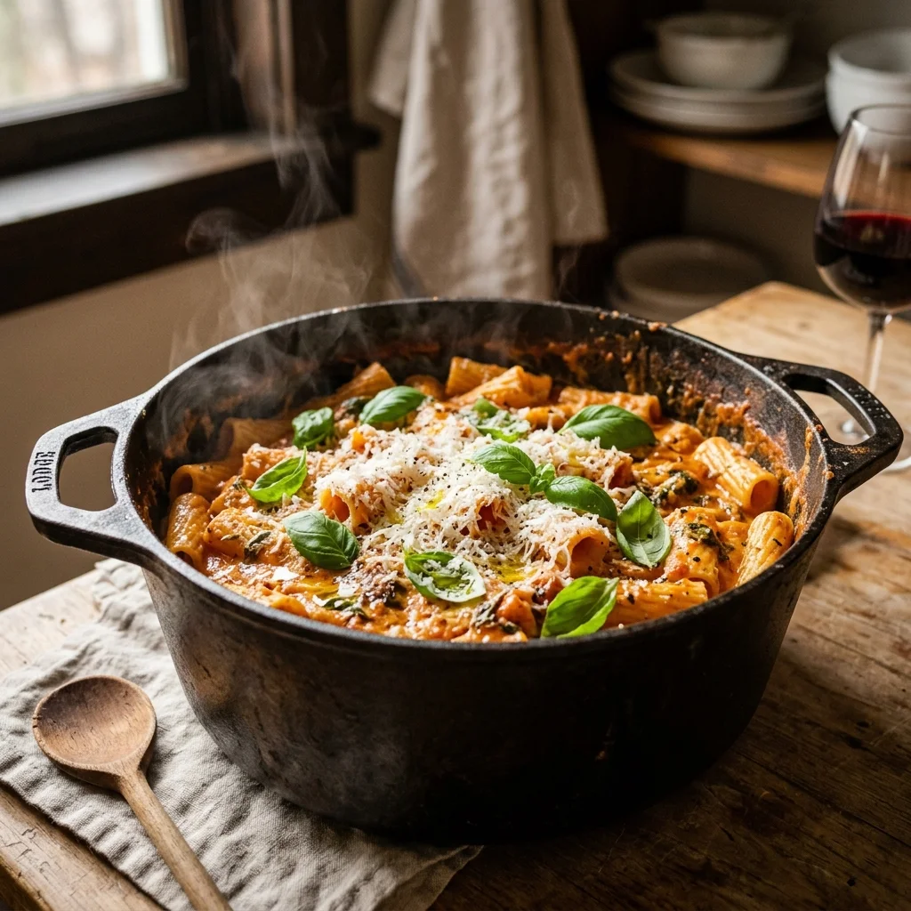 A close-up shot of a steaming cast iron pot filled with creamy tomato basil pasta garnished with fresh green basil and parmesan