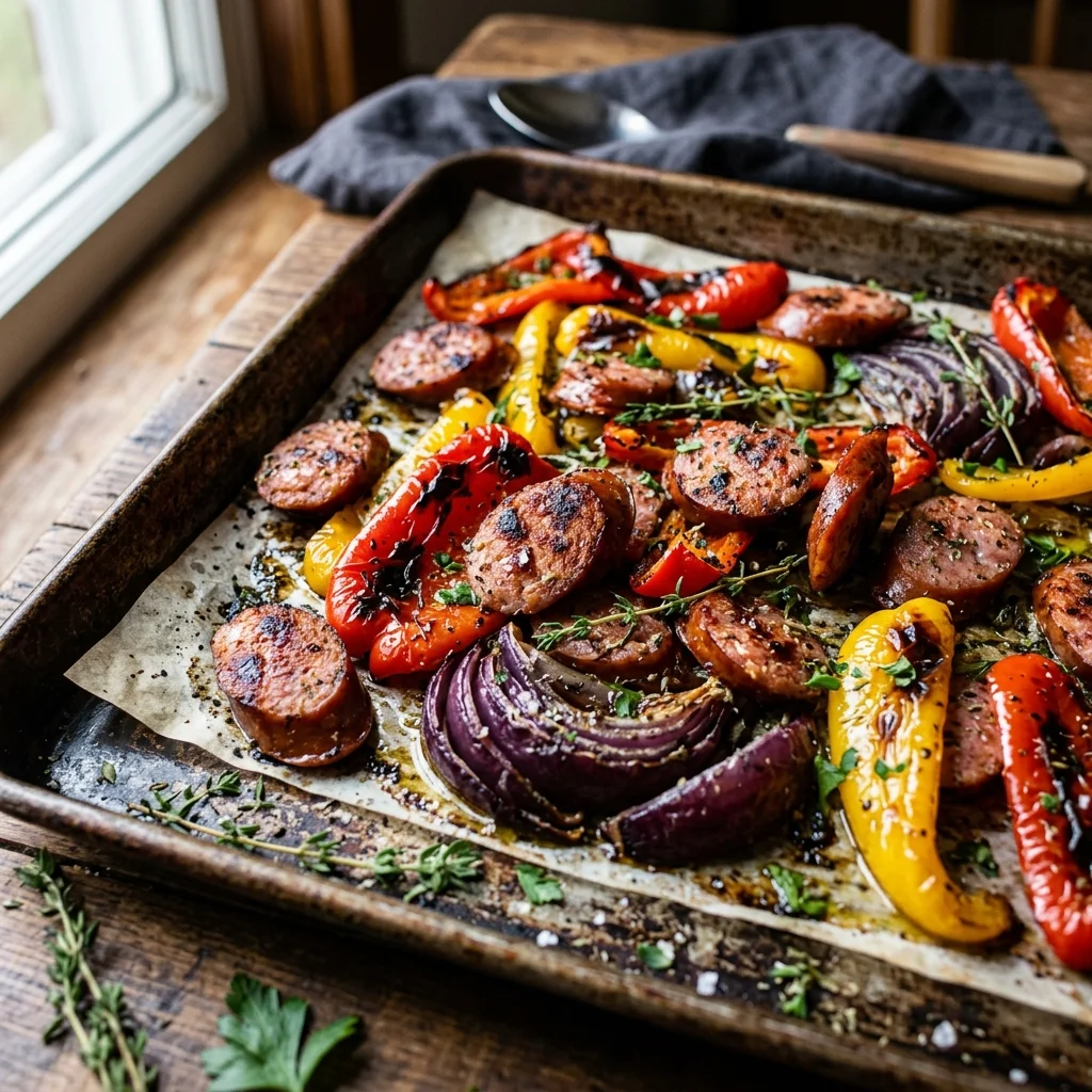 A rustic metal sheet pan filled with perfectly roasted slices of smoked sausage, blistered red and yellow bell peppers, and caramelized onions