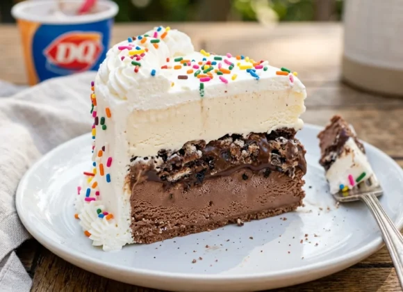 A perfect slice of homemade Dairy Queen style ice cream cake showing vanilla and chocolate layers with a thick fudge crunch center