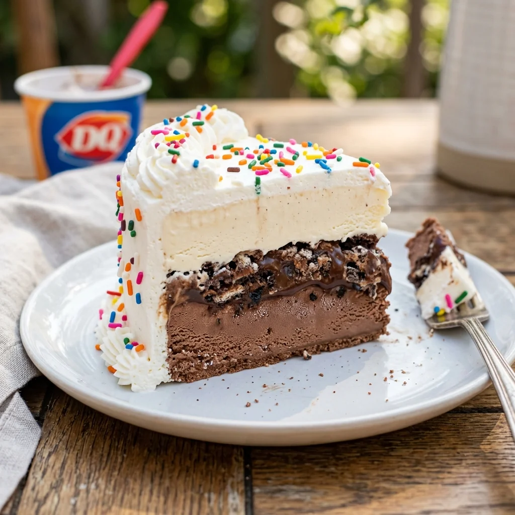 A perfect slice of homemade Dairy Queen style ice cream cake showing vanilla and chocolate layers with a thick fudge and cookie crunch center