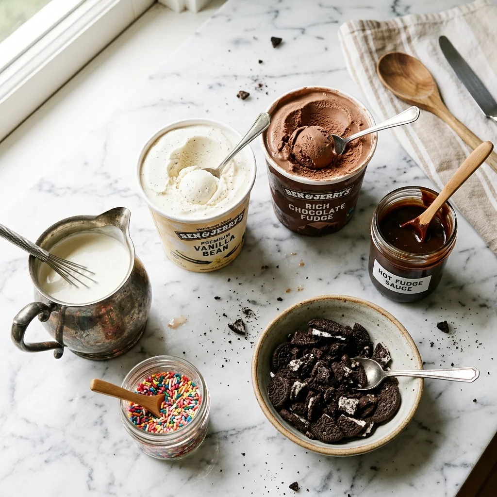 Flat lay of ingredients for ice cream cake: vanilla and chocolate ice cream cartons, crushed Oreos, hot fudge, and heavy cream on a marble counter