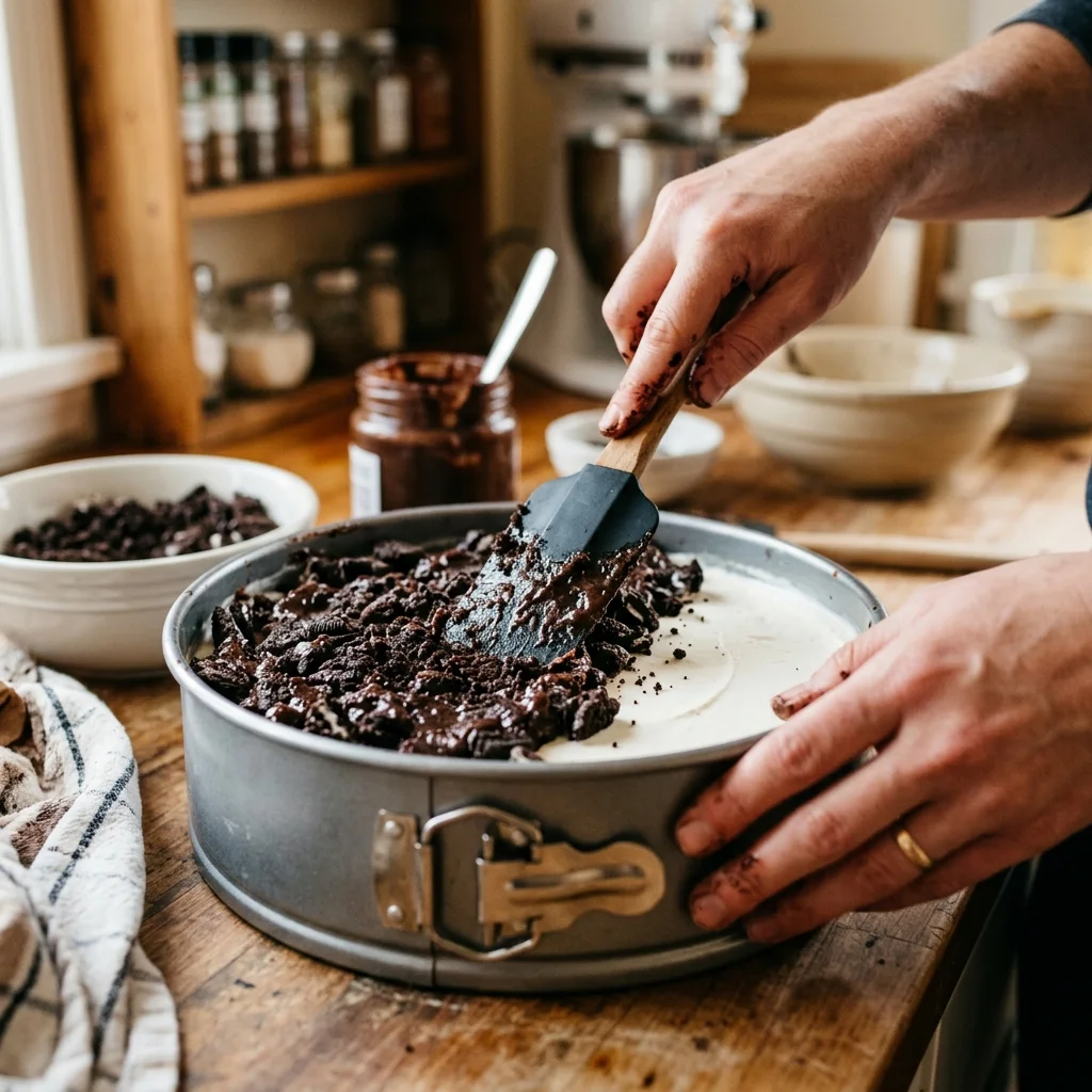 Hands using a spatula to press a thick mixture of crushed cookies and hot fudge over a layer of vanilla ice cream in a springform pan
