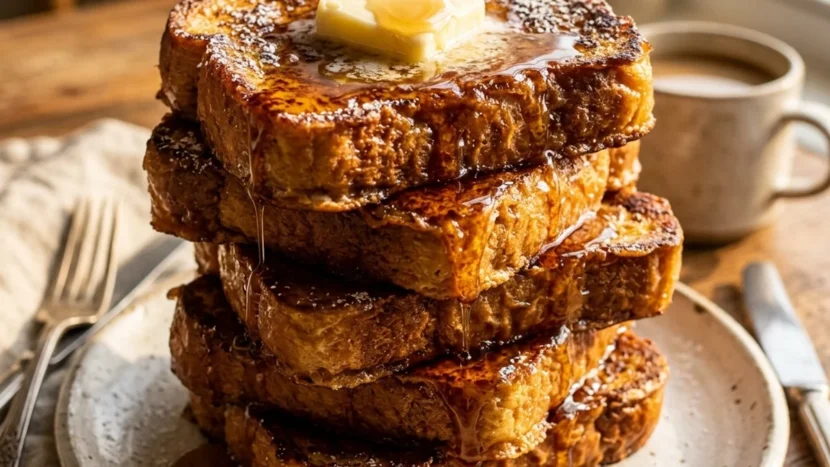 A towering stack of thick cut brioche french toast recipe topped with melting butter and dripping with maple syrup
