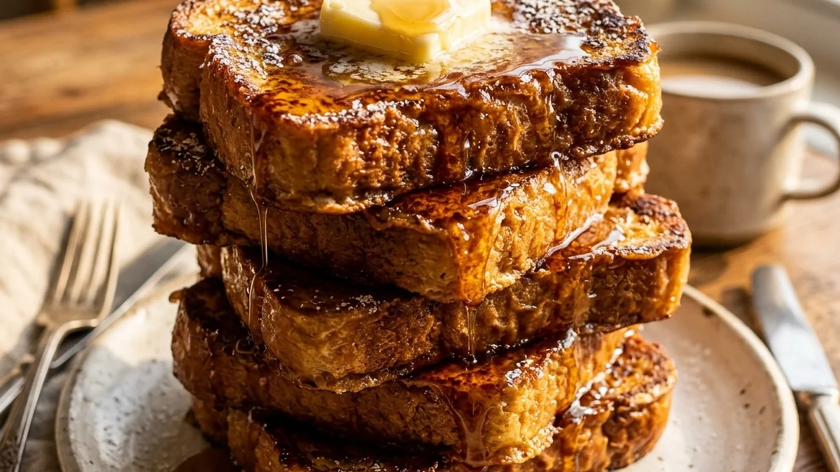 A towering stack of thick cut brioche French toast