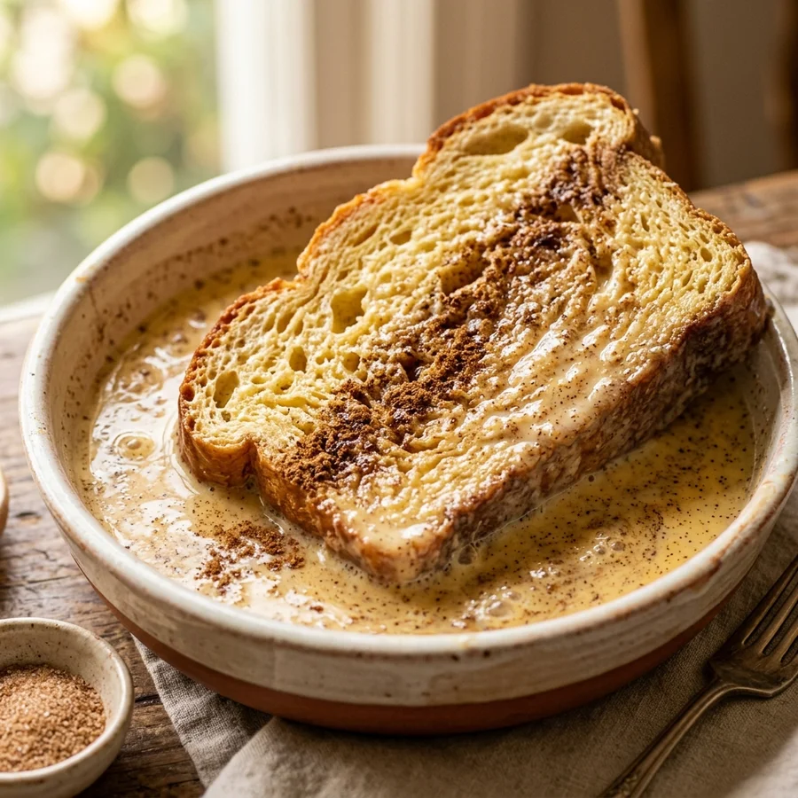 Brioche bread soaking in custard