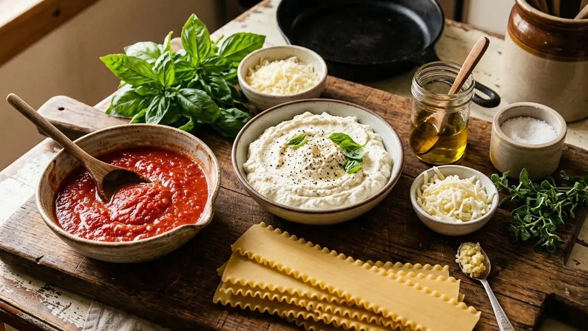 Ingredients for lasagna including whole milk ricotta, fresh basil, mozzarella, and San Marzano tomatoes