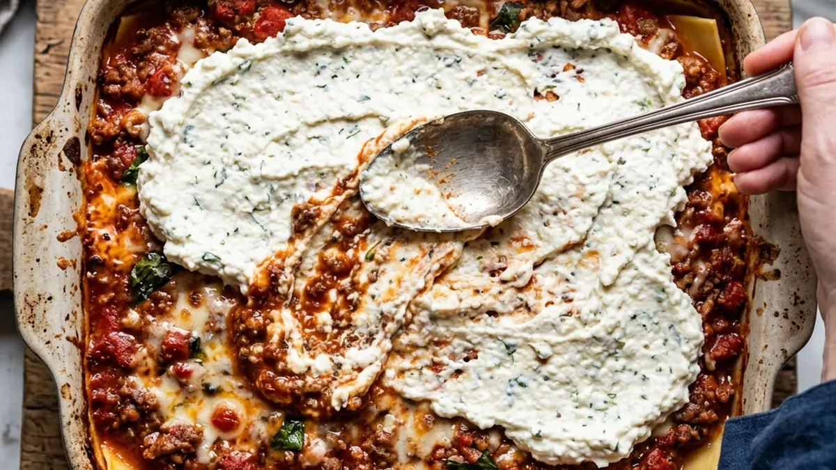 Spreading a thick layer of white ricotta cheese over meat sauce and lasagna noodles