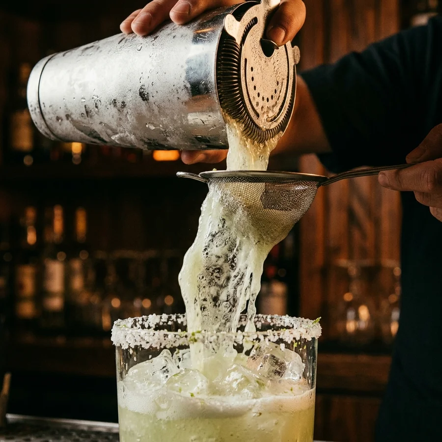 Straining a margarita from a shaker into a glass