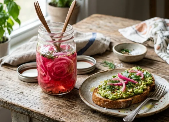 Vibrant bright pink pickled red onions in a vintage glass jar next to avocado toast
