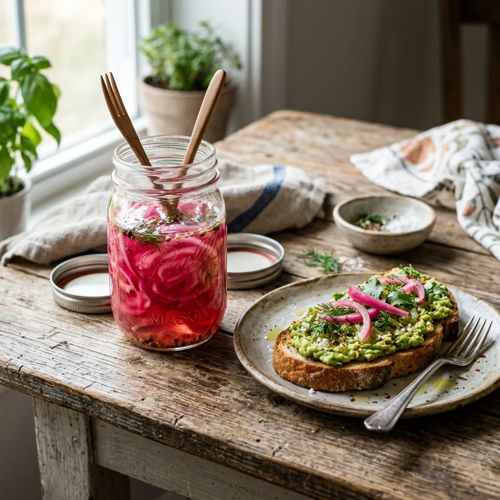 Vibrant bright pink pickled red onions in a vintage glass jar next to avocado toast