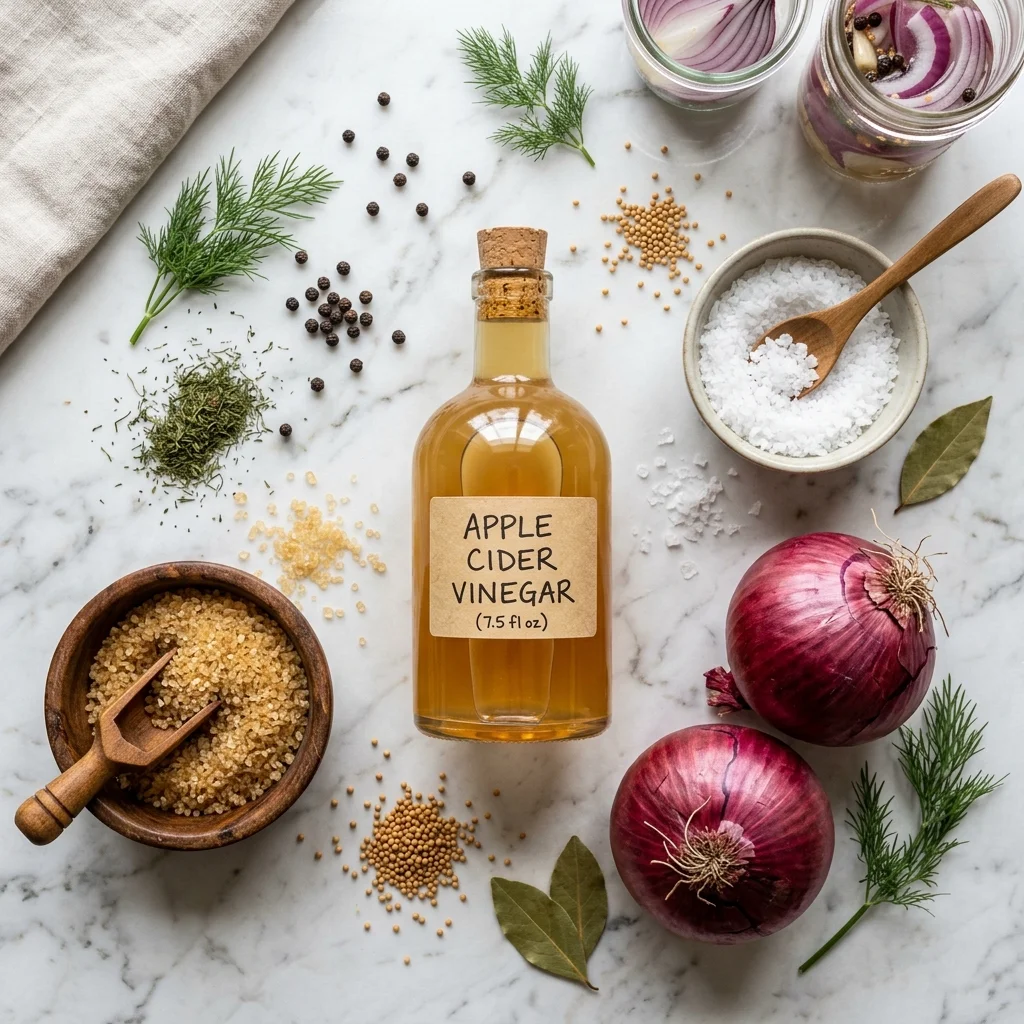 Ingredients for pickled red onions: apple cider vinegar, peppercorns, sea salt, and cane sugar on a marble countertop