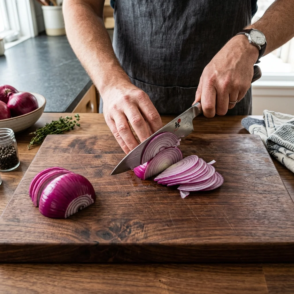 Top-down view of someone slicing a vibrant red onion thinly on a walnut cutting board with a chef's knife