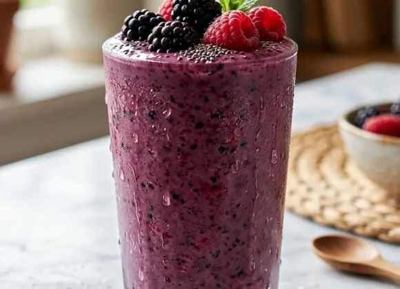 A frosty, macro-balanced mixed berry smoothie in a tall glass with chia seeds