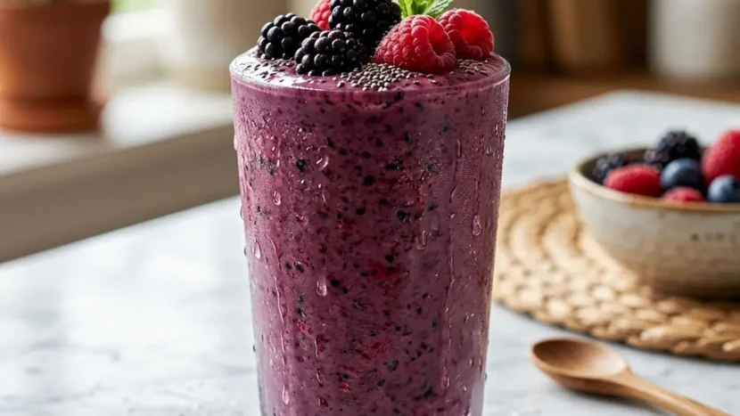 A frosty, macro-balanced mixed berry smoothie in a tall glass with chia seeds