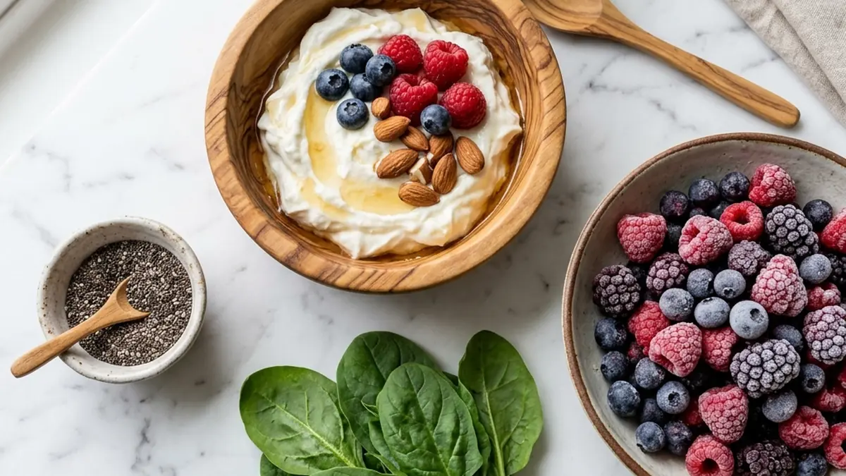 Healthy smoothie ingredients flat lay including Greek yogurt, frozen berries, chia seeds, and spinach