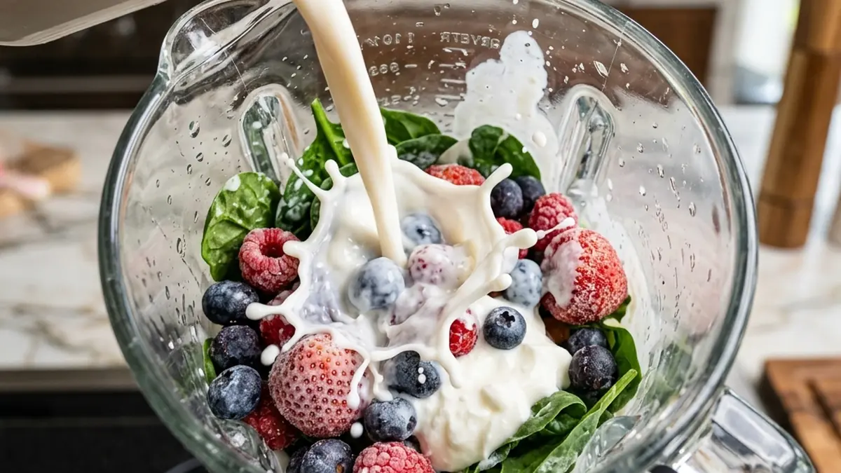 Pouring almond milk into a high-speed blender over ingredients for a thick smoothie