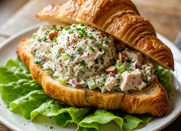 The Ultimate Classic Chicken Salad Recipe A massive scoop of creamy classic chicken salad served on a flaky croissant with lettuce