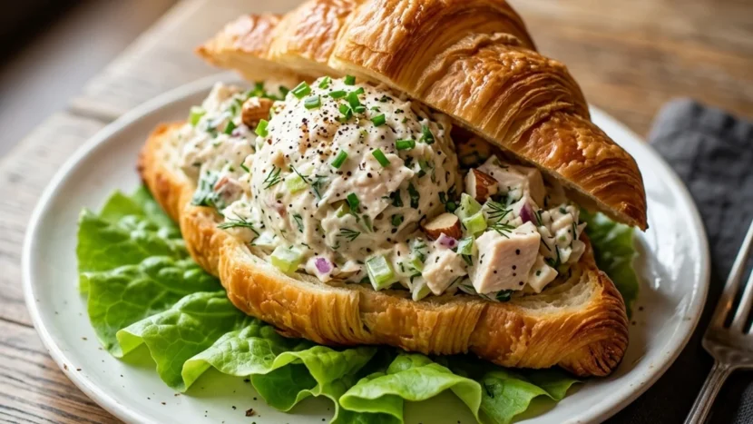 The Ultimate Classic Chicken Salad Recipe A massive scoop of creamy classic chicken salad served on a flaky croissant with lettuce