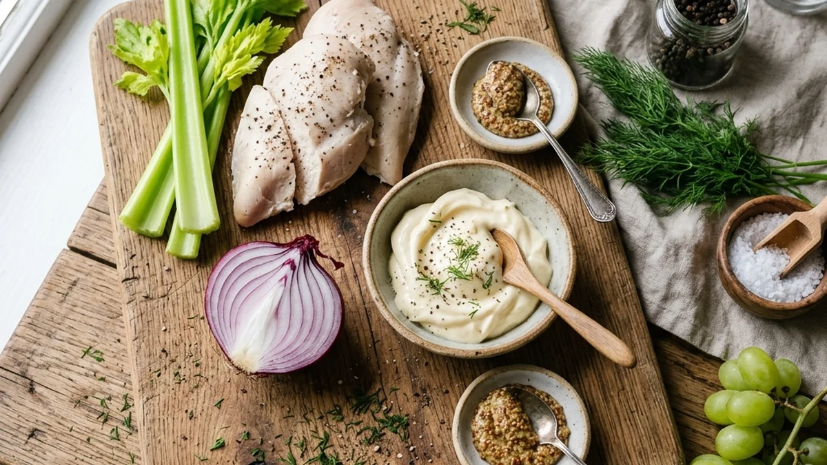 Ingredients for making the best chicken salad including poached breasts, mayo, celery, and dill