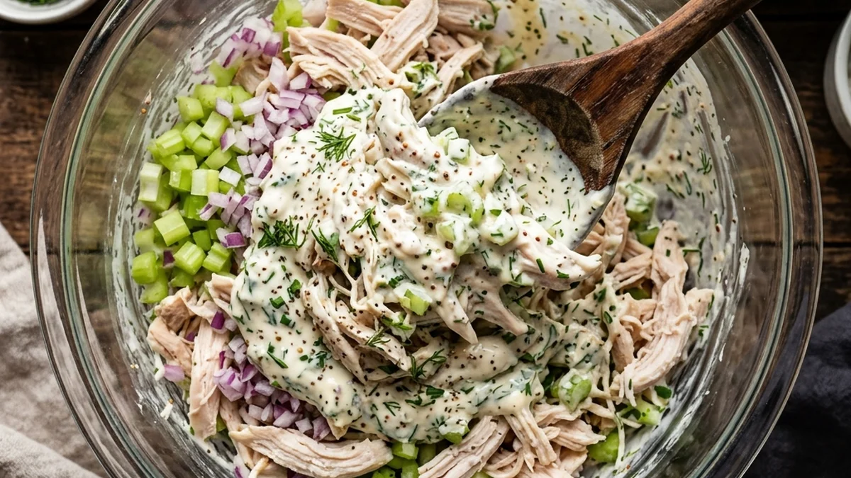 Mixing a creamy dressing into shredded chicken salad ingredients in a glass bowl