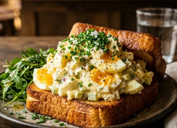The Best Classic Egg Salad Recipe (Not Rubbery) A massive scoop of creamy classic egg salad served on toasted brioche bread