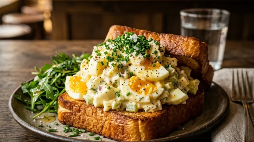 The Best Classic Egg Salad Recipe (Not Rubbery) A massive scoop of creamy classic egg salad served on toasted brioche bread
