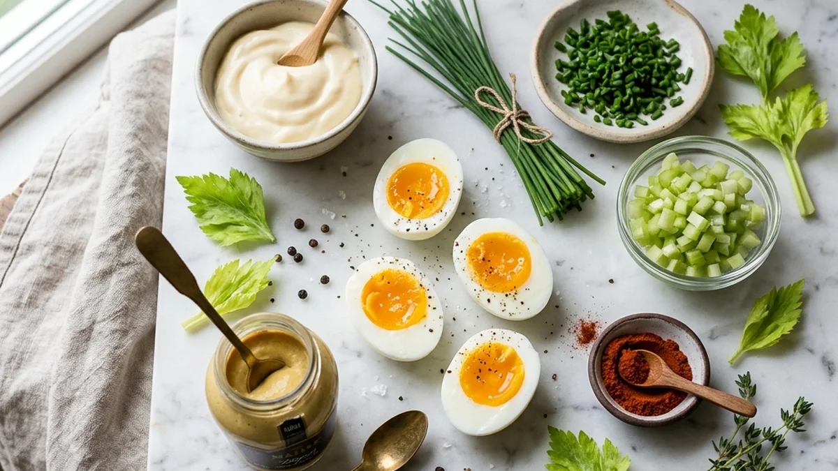 Ingredients for the best egg salad including soft-boiled eggs, mayo, dijon mustard, and chives