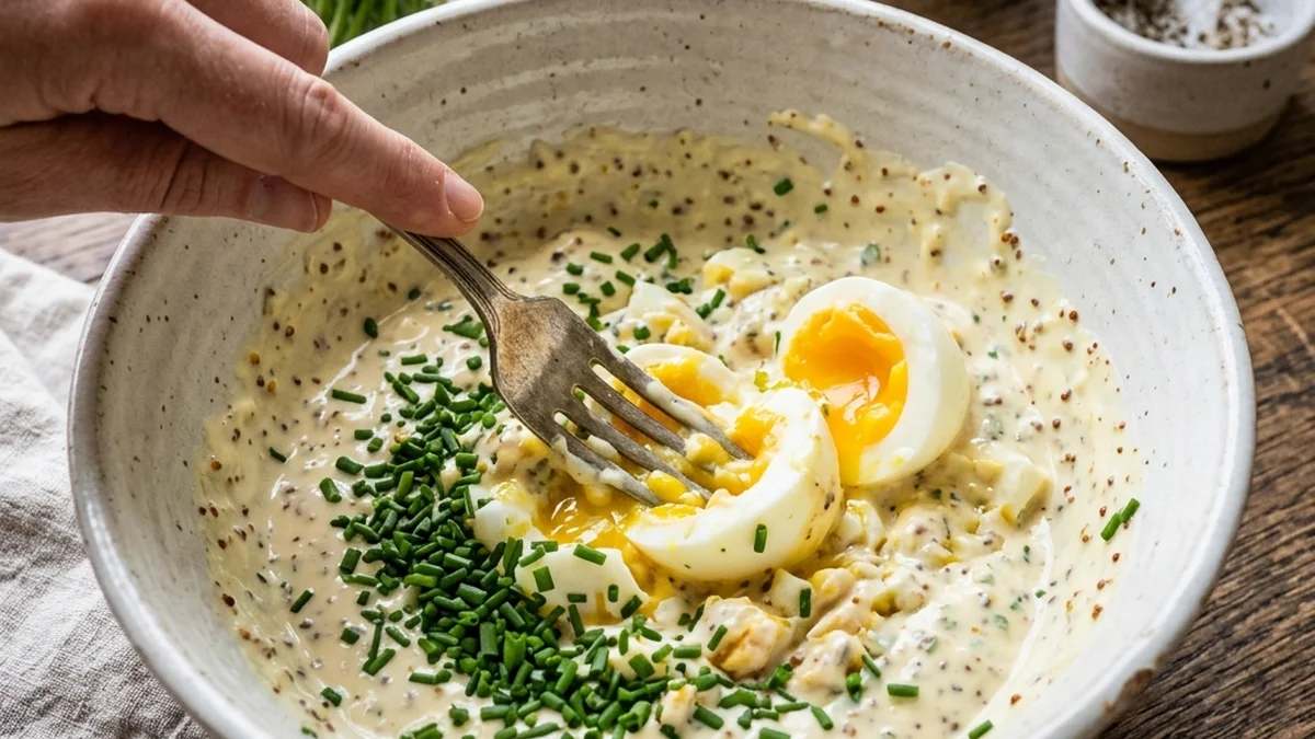 Mashing perfectly soft-boiled eggs in a bowl to make creamy egg salad