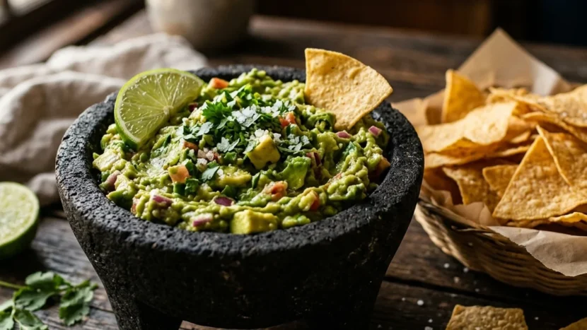 A rustic bowl of thick, chunky authentic Mexican guacamole with crispy tortilla chips