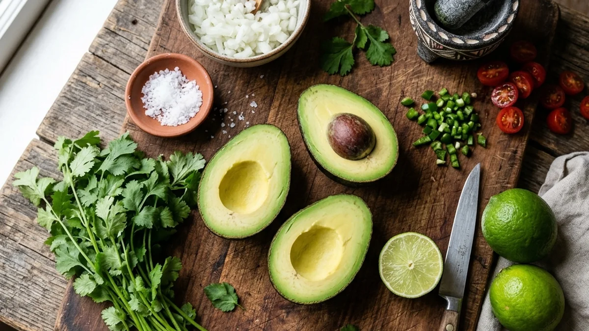 Fresh ingredients for guacamole including ripe Hass avocados, white onion, lime, and cilantro