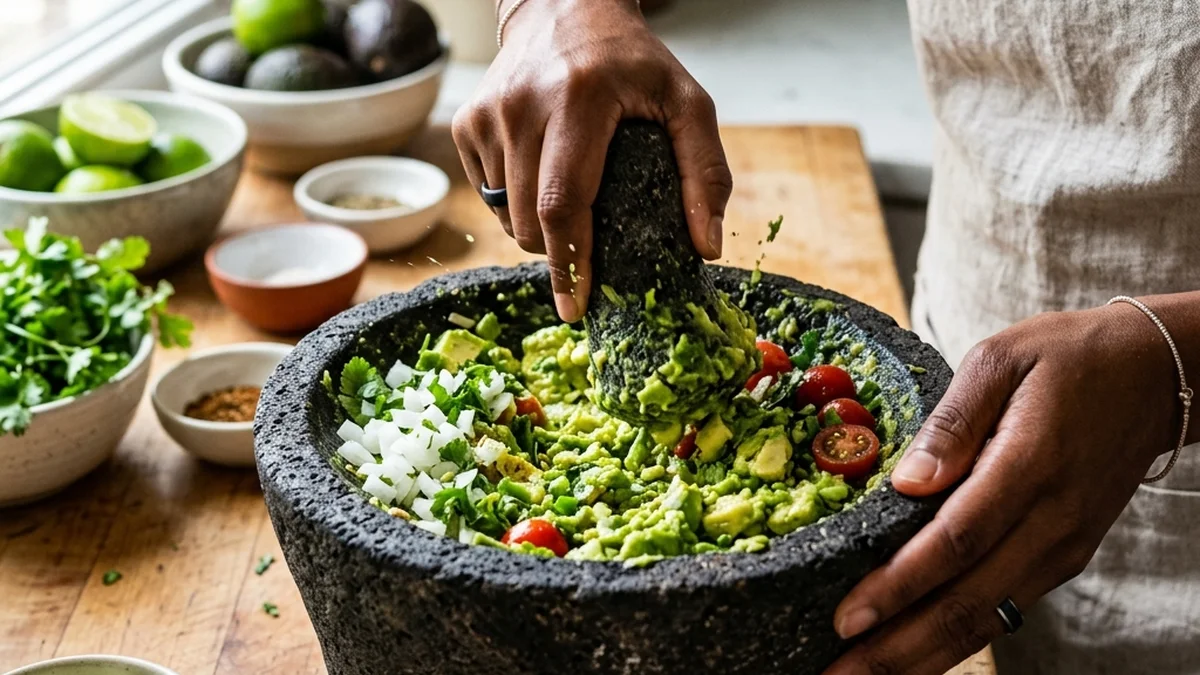 Mashing fresh avocados in a traditional molcajete to make authentic chunky guacamole