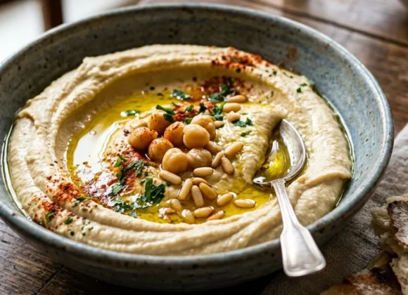 A wide rustic bowl filled with incredibly smooth authentic hummus and olive oil